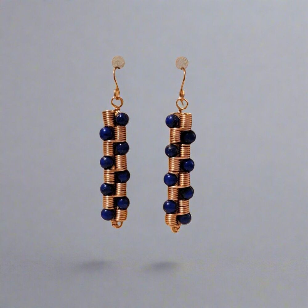 Handmade Copper Coil Bead Earrings – Artisan Dangle Jewelry with Blue Beads